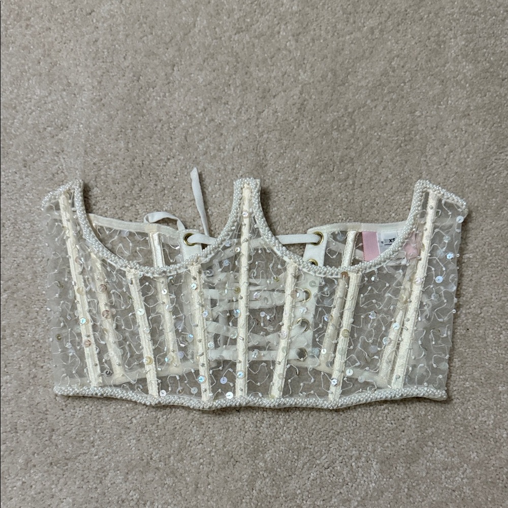 NEW Hand-Beaded Cream Sequin Bodice w/ Boning